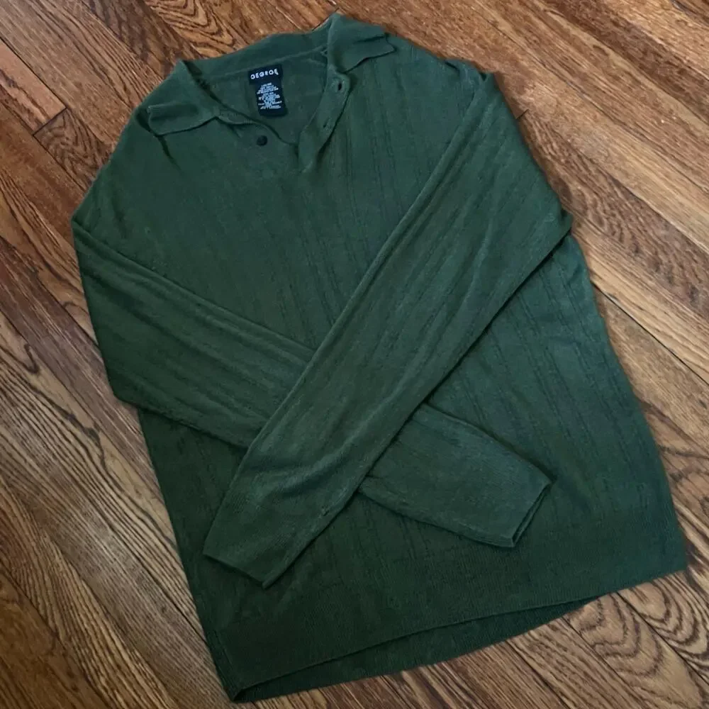 Vintage 90s Olive Button Collar Sweater Mens L Polo Cozy Minimalist